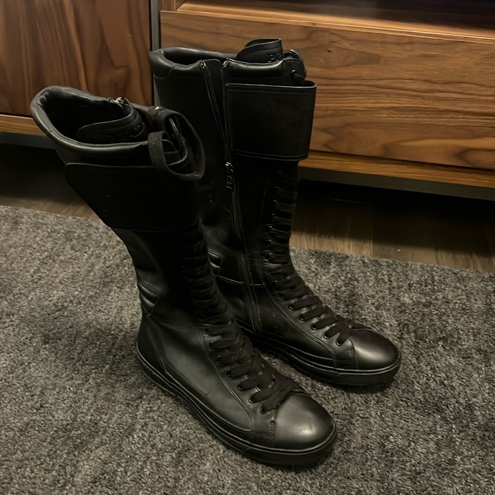 Prada Leather Knee-High Lace-Up Black Boots - size 37